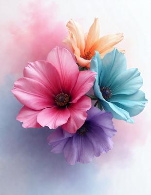 The primary subject of the image is a bouquet of three different colored flowers, which are pink, blue, and orange. The flowers are arranged in a visually appealing manner, creating a sense of harmony and beauty. The setting is a cloudy background, which adds a sense of depth and contrast to the image. The visual style is a combination of photo and digital art, as the flowers are depicted in a realistic manner while the background is slightly altered to create a more artistic and dreamy atmosphere. The colors